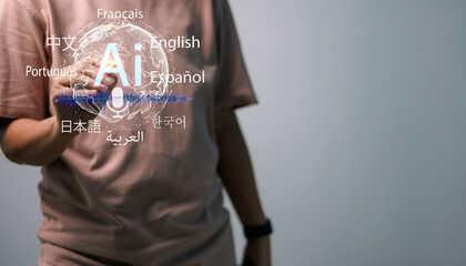 Powered AI multilingual translation interface with global language options showing person...