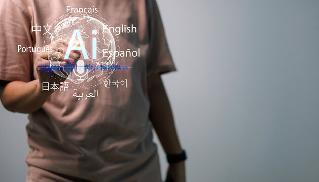 Powered AI multilingual translation interface with global language options showing person interacting virtual voice recognition technology, modern digital communication artificial intelligence concept - Powered by Adobe