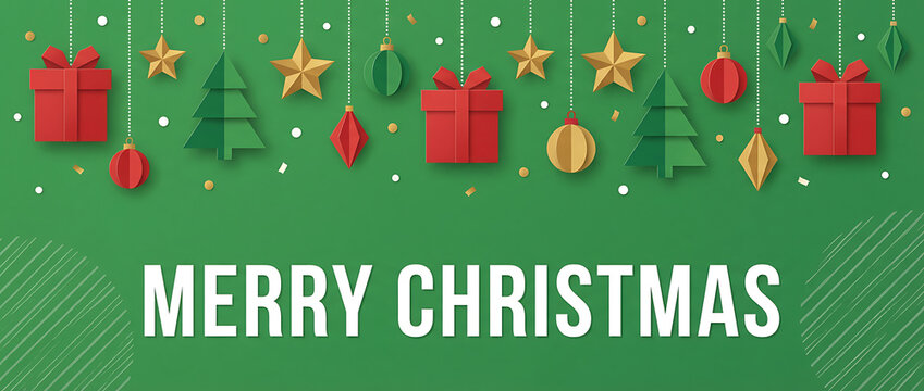 Merry christmas banner of paper art holiday icons