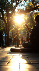 A person sits on the ground playing an acoustic guitar outdoors during a vibrant sunset in a city park.