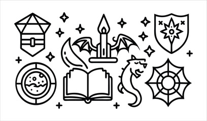 Fantasy game icons including dice potion book candle shield and monster