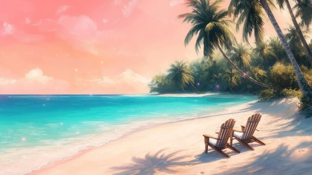 Serene beach scene at sunset with azure water, palm trees, and two wooden chairs