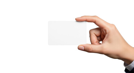 Fototapeta premium Light-skinned hand in neutral sleeve elegantly holds a pristine blank white matte card on a plain light grey studio background with soft uniform lighting, copy space for custom content concept of