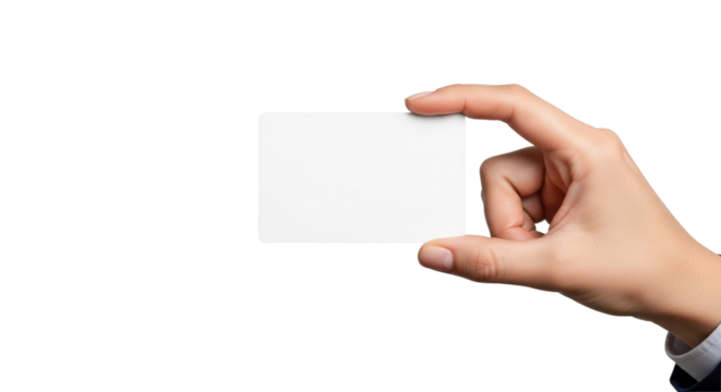 Light-skinned hand in neutral sleeve elegantly holds a pristine blank white matte card on a plain light grey studio background with soft uniform lighting, copy space for custom content concept of