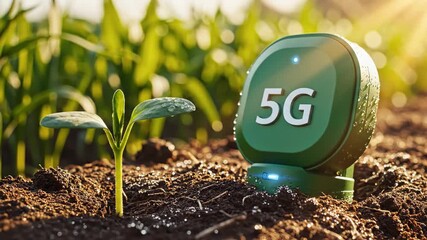 5G technology meets new plant growth, showcasing agriculture monitoring sensor in cultivated soil. - Powered by Adobe