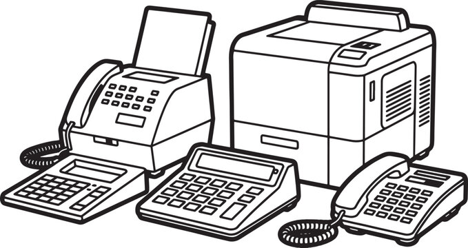 Black and white illustration of office equipment including fax machine calculator and telephones
