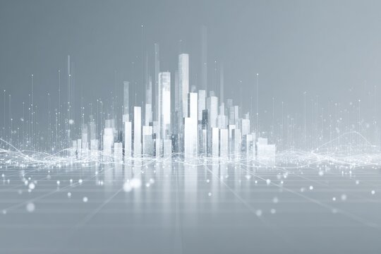 Abstract cityscape illustration with a futuristic, glowing, and connected vibe on a gray background - Powered by Adobe