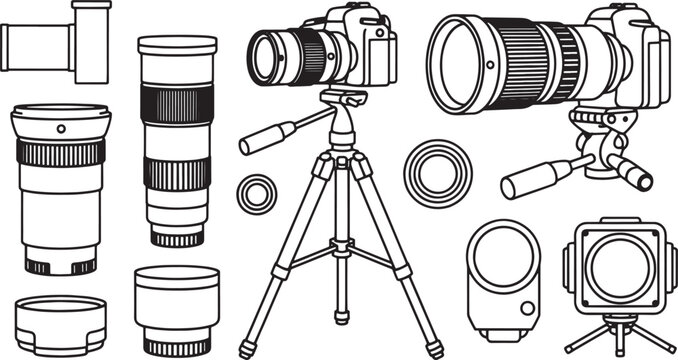 Black and white line art illustration of camera lenses and tripod photography equipment