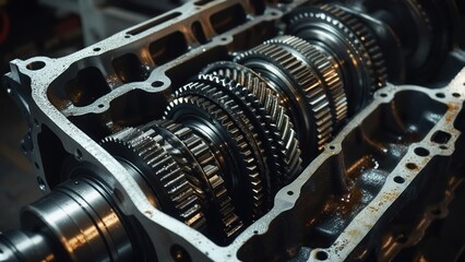 Complex metallic gears inside an engine's open casing, showing intricate mechanical detail