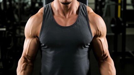 Muscular man in dark tank top holding barbell at gym, showcasing strength and fitness for health and active lifestyle promotion