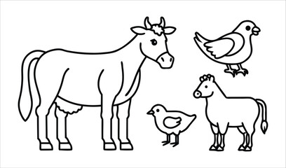 Fototapeta premium Simple line drawing of farm animals including cow chicken and horse