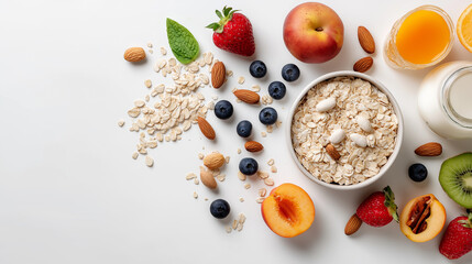 Healthy breakfast with oats, fruits and nuts on white table