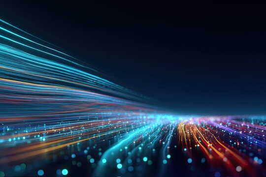 Abstract graphic with blurred, colorful light trails merging into a dark background - Powered by Adobe