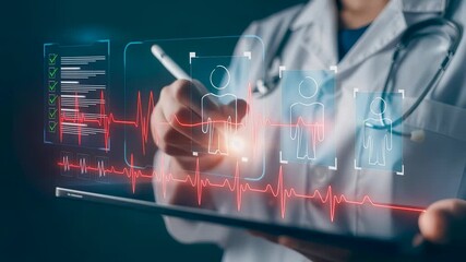 A doctor uses tablet and stylus to review digital patient profiles, health checklists and vital signs, AI driven diagnosis, medical data analysis, smart healthcare technology and clinical innovation. - Powered by Adobe