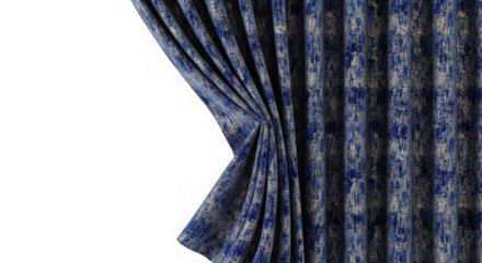 Textured blue and gold curtain with elegant folds pulled back. isolated on transparent background