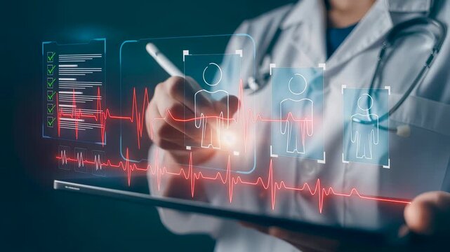 A doctor uses tablet and stylus to review digital patient profiles, health checklists and vital signs, AI driven diagnosis, medical data analysis, smart healthcare technology and clinical innovation. - Powered by Adobe