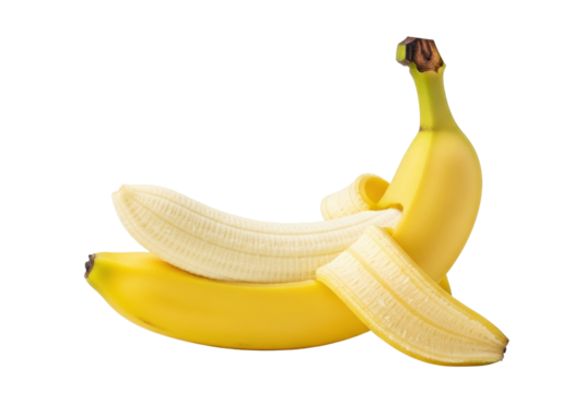 Perfectly ripe yellow banana, partially peeled, dark brown stem, on transparent background with copy space, high-key studio shot, sharp focus, concept of healthy natural food