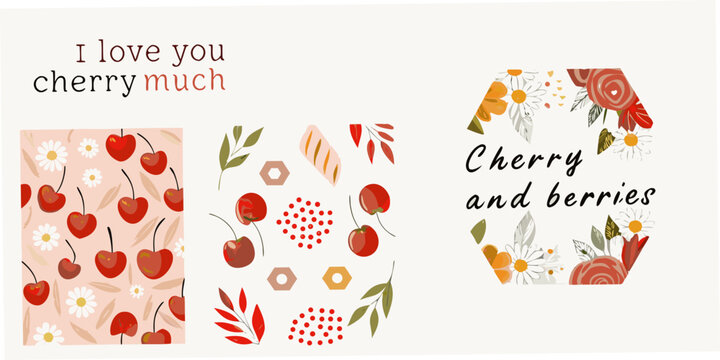 Cherry and berry themed graphic designs with floral elements and playful text