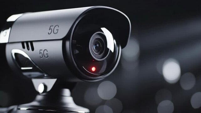 Black security camera with 5G symbol against blurry background, security camera with compact design.