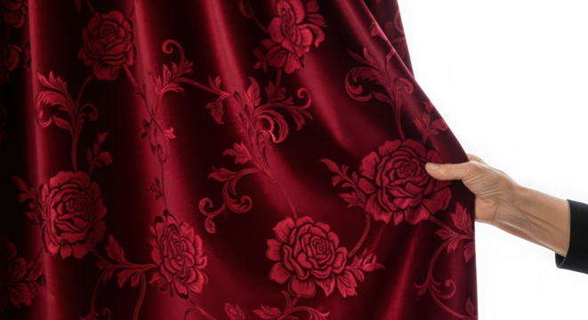 Hand pulling ornate red curtain with rose pattern, luxury fabric isolated on transparent background