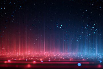 Abstract digital art featuring red and blue light beams, sparkling dots, and dark background