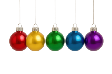 Five Colorful Metallic Christmas Bauble Ornaments Hanging in a Row isolated PNG with Transparent Background