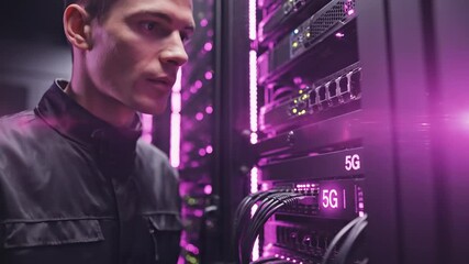 Young technician performing server maintenance in data center. Server maintenance requires regular checks and updates to ensure optimal network performance, proper data storage - Powered by Adobe