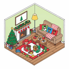 Obraz premium Children Opening Christmas Presents in Cozy Living Room.