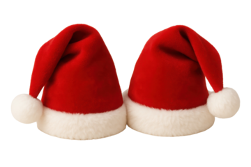 Pair of Red Santa Claus Hats with White Pom-Poms, Festive Holiday Decoration Product Shot isolated PNG with Transparent Background