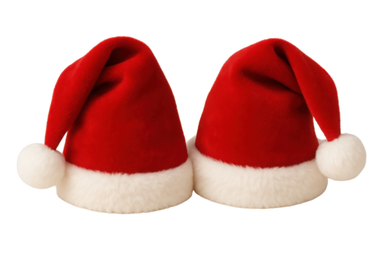Pair of Red Santa Claus Hats with White Pom-Poms, Festive Holiday Decoration Product Shot isolated PNG with Transparent Background - Powered by Adobe