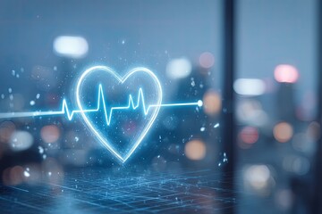 Glowing blue heart graphic with a life-line overlay set against a blurry urban city backdrop
