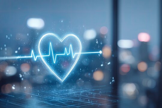 Glowing blue heart graphic with a life-line overlay set against a blurry urban city backdrop