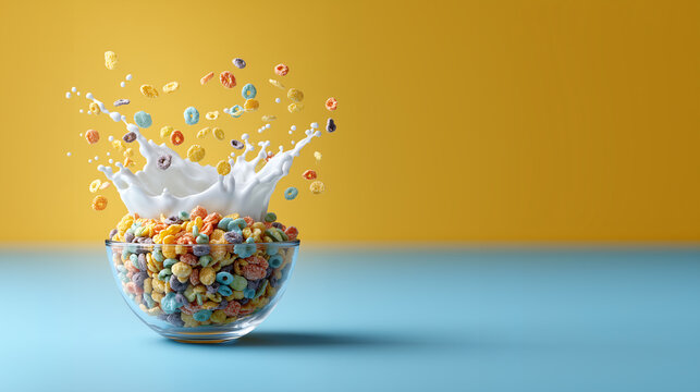 Breakfast Burst: A captivating scene unfolds as colorful cereal pieces and creamy milk erupt from a clear glass bowl, showcasing the vibrant start to a cheerful day.