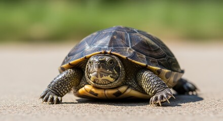 Obraz premium A small turtle walks on a paved path with a blurred green background.