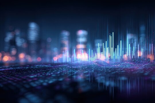 Futuristic cityscape with data visualization, digital abstract art