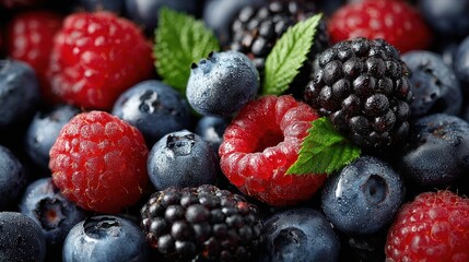 Fresh raspberries, blueberries, and blackberries with green leaves close-up. It can be used for healthy eating or delicious dessert design.