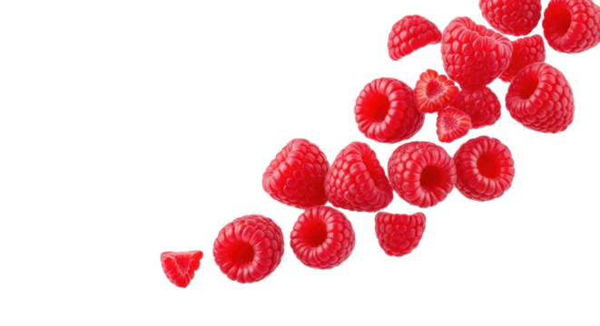Plump, ripe red raspberries, whole and fragmented, floating and falling in dynamic frozen motion against a pristine transparent background, concept of natural vitality and freshness