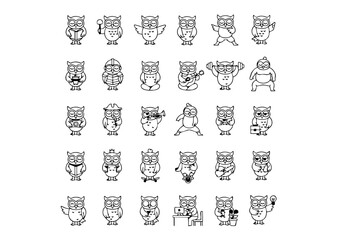 Black & White Owl Action Icons: Unique Vector Line Art, Vector Owl Activity Set: Minimalist Monochrome Icons, The Complete Collection of Owl Lifestyle Iconography (Monoline)