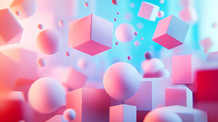 Abstract geometric shapes in vibrant colors create dynamic composition, featuring floating cubes and spheres that evoke sense of depth and movement