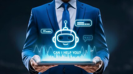 A businessman holds a tablet displaying a glowing AI chatbot with speech bubbles, showing digital communication, virtual assistant support and smart technology interaction. - Powered by Adobe