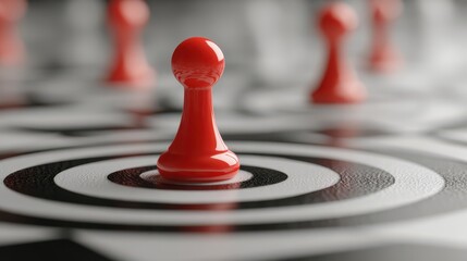 Red pawn piece standing on target circle in a strategic game concept, representing focus, direction, and decision-making in a competitive environment