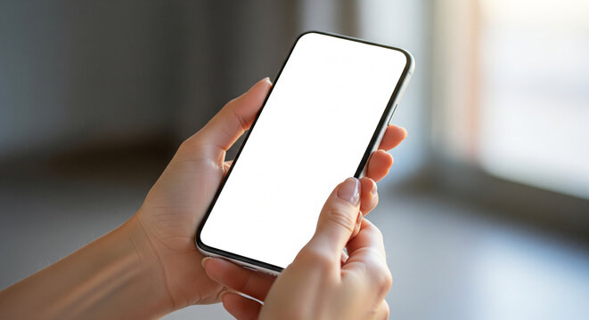 Close-up of female hands holding a modern mobile phone with a blank white screen, perfect for mockups and displaying app designs - Powered by Adobe