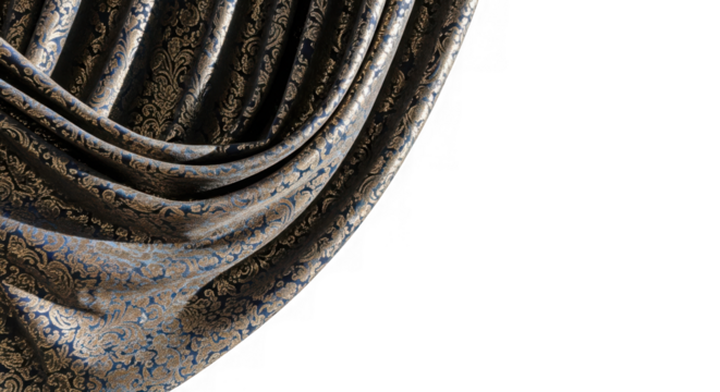 Luxurious blue and gold baroque damask drapery fabric elegant isolated on transparent background