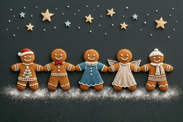 Gingerbread characters in themed festive costumes including angel, arranged in a snowy row under winter stars, ideal for Christmas promotions, social media banners and kids designs