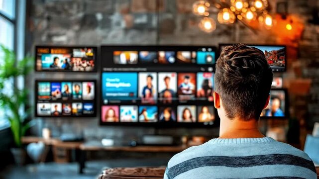 Young caucasian man watching multiple streaming platforms on large tv screens in modern living room