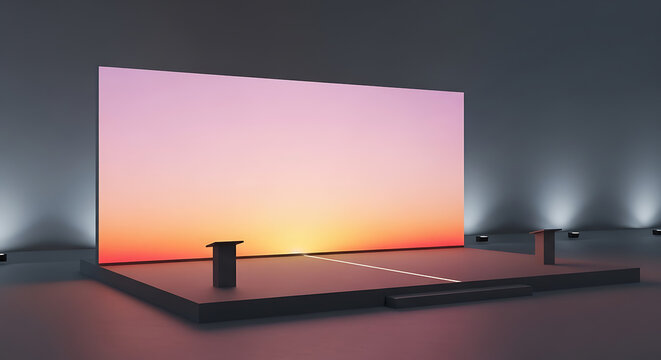 Stage with large screen and stands in an empty room for presentations