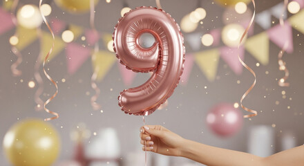 Celebrate a special ninth birthday with this festive number nine balloon held in hand, perfect for party invitations and milestone cards, full of joy and light