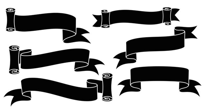 A collection of seven different black silhouette ribbon banners and ancient scrolls on a white background.