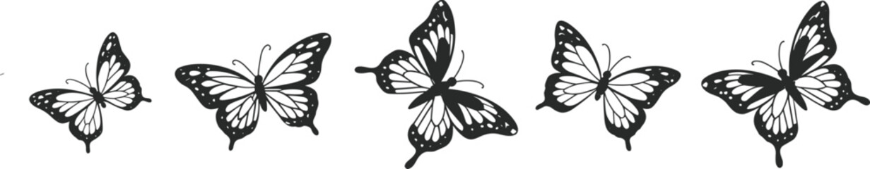 Set of detailed black butterfly silhouettes with wing patterns, horizontal nature border vector illustration isolated on white background.