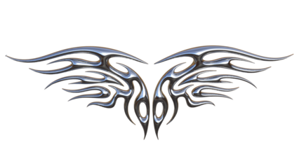 3D Chrome Tribal Wing Tattoo Design – Metallic Silver Symmetrical Ornament, Glossy Reflective Tribal Art Icon, Futuristic Chrome Ink Style Decorative Emblem
